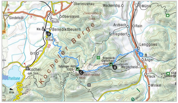 nach Benediktbeuern | © Alpenvereinskarte BY 11 / BY 13. Ausschnitt //  https://www.alpenvereinaktiv.com/de/tourenplaner/
