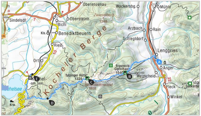 nach Kochel am See | © Alpenvereinskarte BY 11 / BY 13. Ausschnitt //  https://www.alpenvereinaktiv.com/de/tourenplaner/